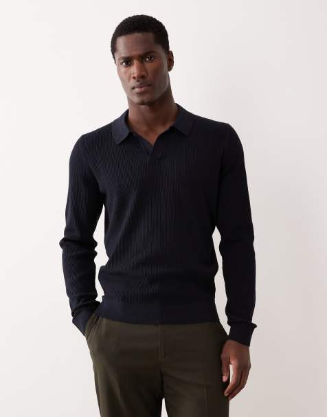 Mango cotton blend ribbed polo top in navy - view 1