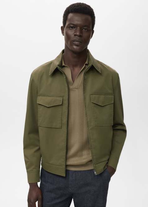 Mango cotton blend zip through jacket in hunter green - view 1