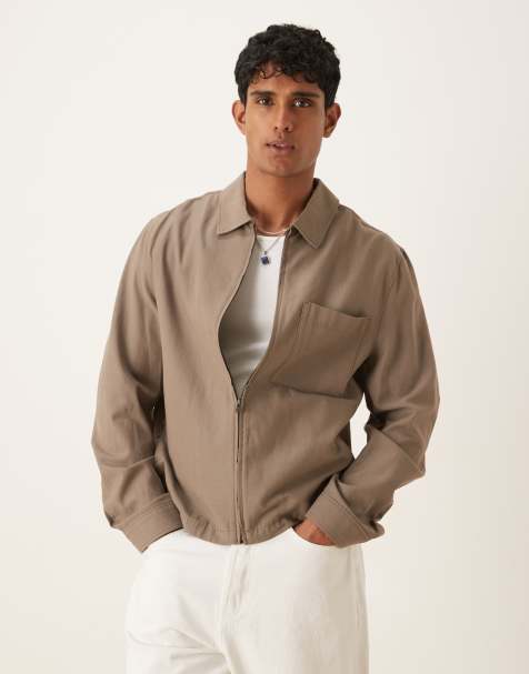 Mango cotton blend zip through lightweight jacket in brown - view 1