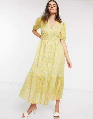 yellow floral button up dress