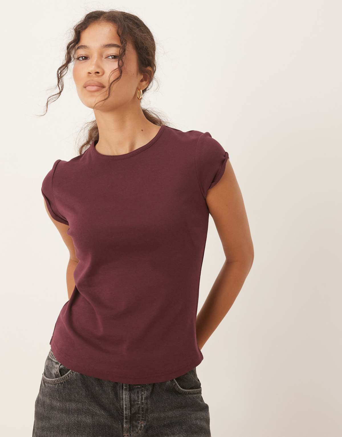 Mango cotton cap sleeve t-shirt in burgundy