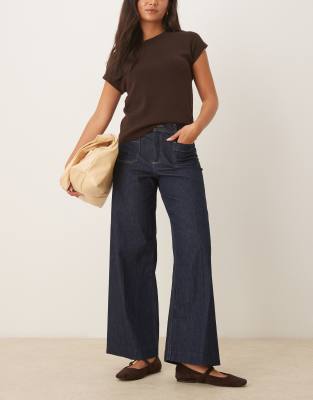 Mango Cotton Contrast Stitch Pleat Front Straight Jeans In Blue