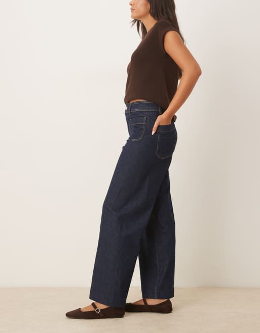 Mango cotton contrast stitch pleat front straight jeans in indigo