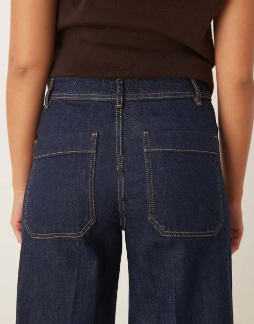 Mango cotton contrast stitch pleat front straight jeans in indigo