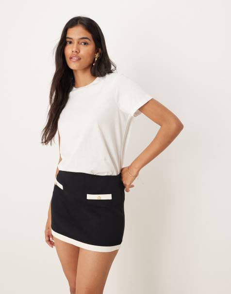 Mango cotton contrast trim cardigan and mini skirt co-ord in black and white - view 1