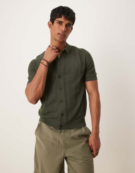 Mango cotton crochet short sleeve shirt in khaki - view 1
