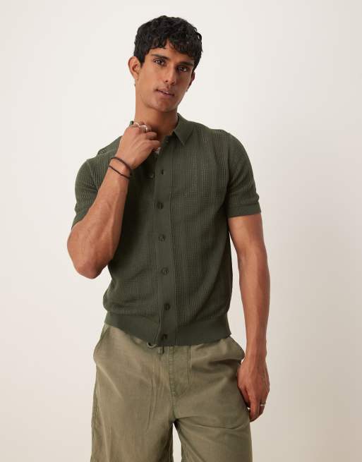 Mango cotton crochet short sleeve shirt in khaki