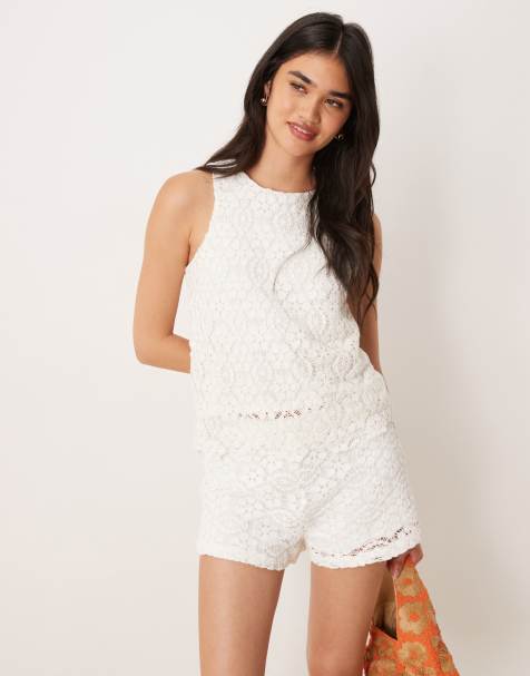 Mango cotton crochet sleeveless top co-ord in white - view 1
