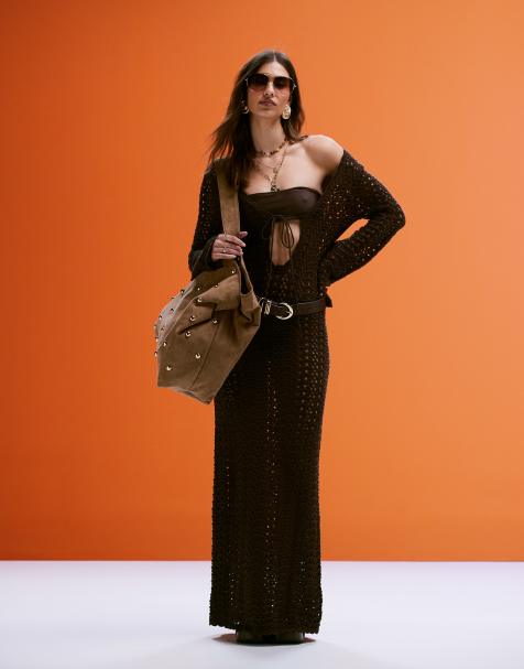 Mango cotton crochet tie front maxi dress in brown - view 1