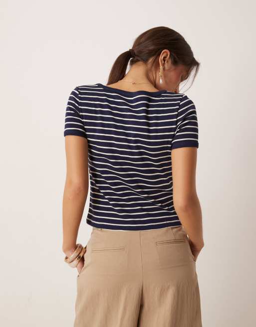 Mango cotton cropped round neck striped baby tee in navy, 2 of 4
