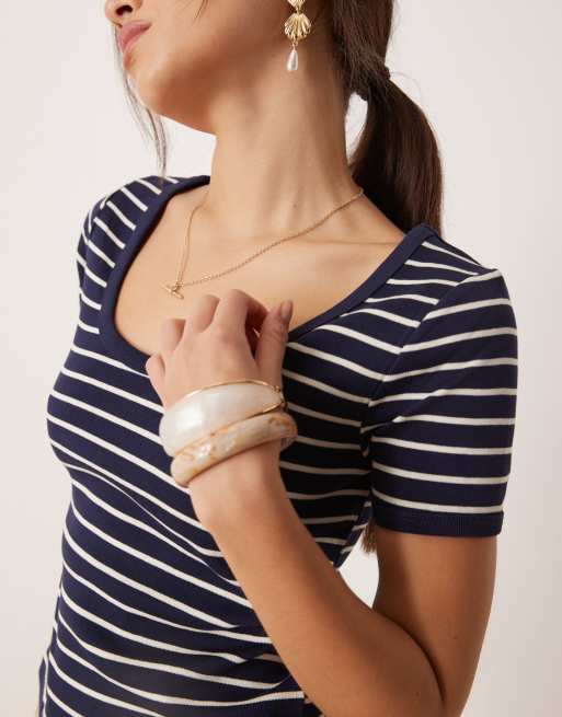Mango cotton cropped round neck striped baby tee in navy, 3 of 4