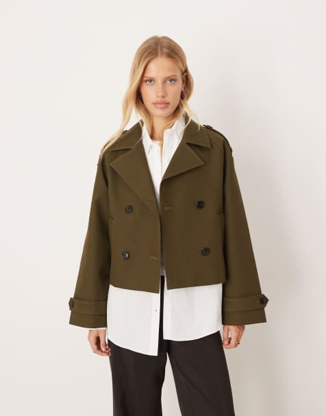 Mango cotton cropped trench coat in khaki green - view 1