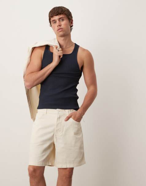 Mango cotton denim look elastic waist shorts in light beige - part of a set - view 1
