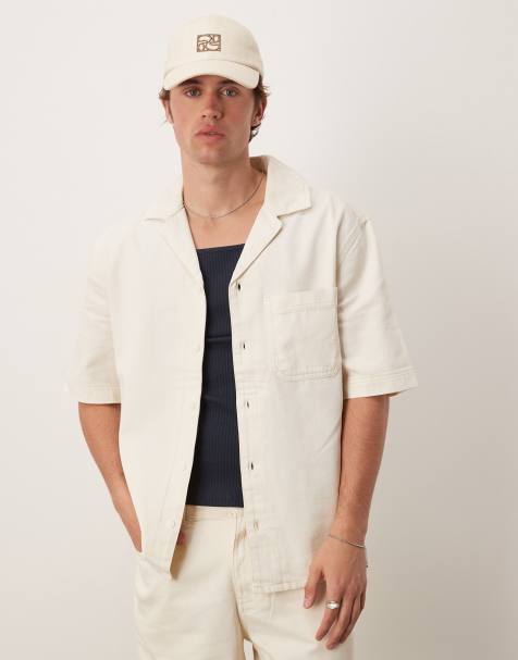 Mango cotton denim look short sleeve shirt co-ord in light beige - view 1