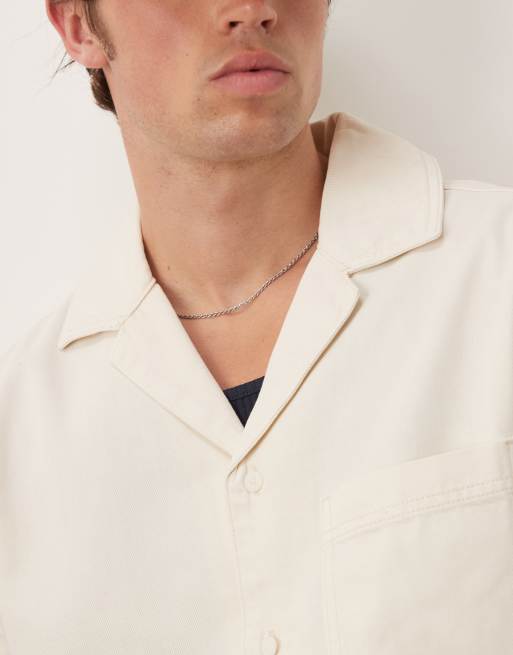 Mango cotton denim look short sleeve shirt co-ord in light beige, 3 of 4