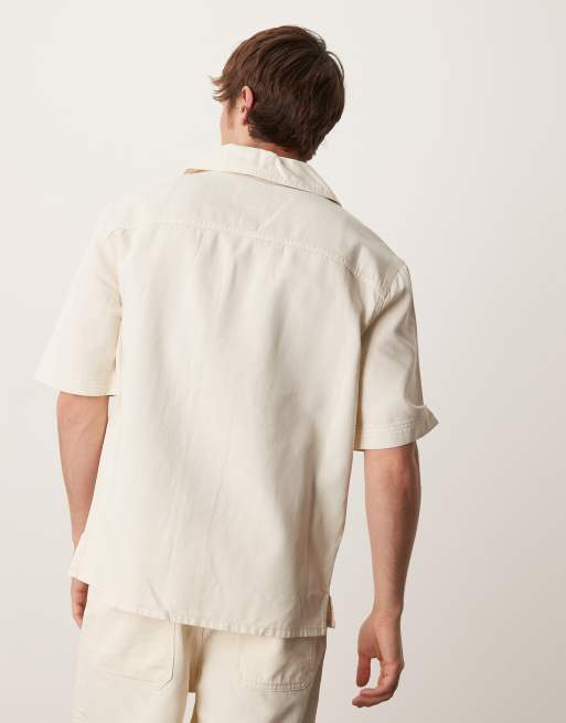 Mango cotton denim look short sleeve shirt co-ord in light beige, 4 of 4