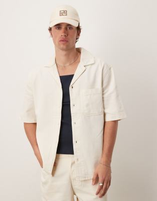 cotton denim look short sleeve shirt in light beige - part of a set-Neutral