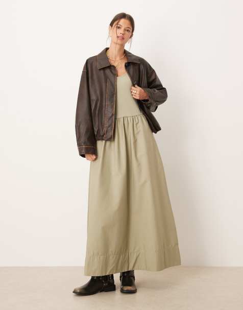 Mango cotton drop waist maxi dress in khaki - view 1