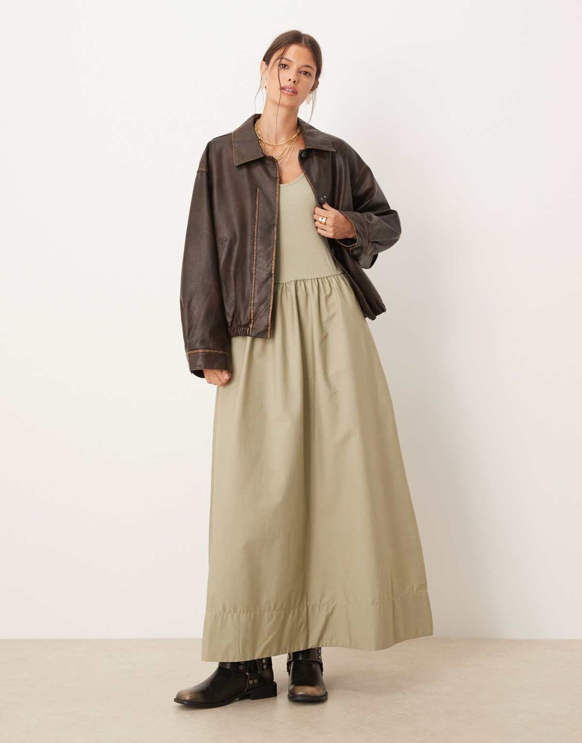 Mango cotton drop waist maxi dress in khaki