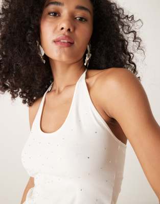 Mango Cotton Embellished Halter Top In White