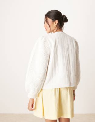 Mango Cotton Embroidered Collarless Jacket With Puff Sleeves