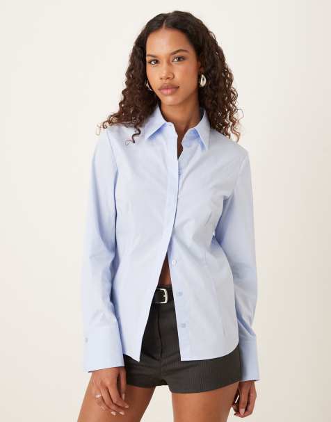 Mango cotton fitted shirt in light blue - view 1