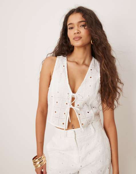 Mango cotton floral broderie tie front waistcoat co-ord in white - view 1