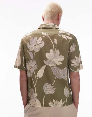 Mango Cotton Floral Print Short Sleeve Shirt In Green