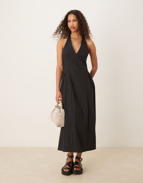 Mango cotton halter neck drop waist midaxi dress with structured bodice in black - view 1
