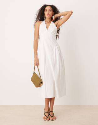 Mango Cotton Halter Neck Drop Waist Midaxi Dress In White