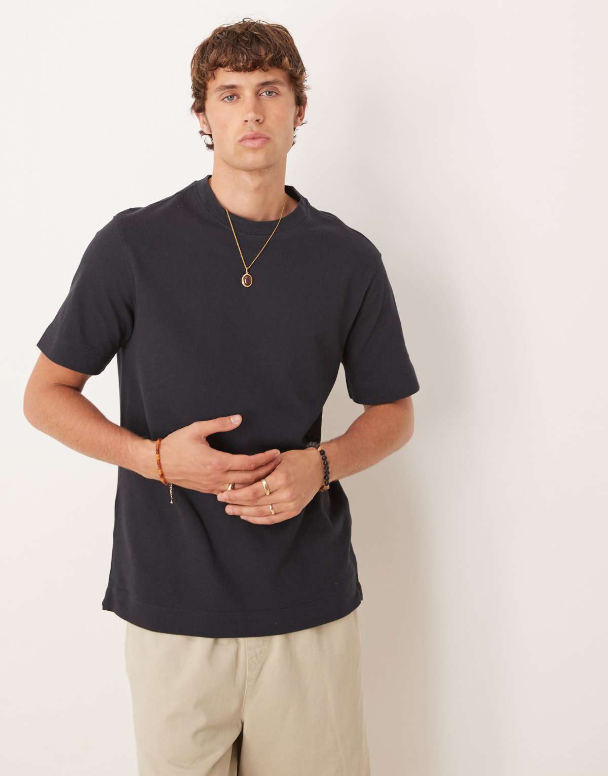 Mango cotton herringbone t-shirt in navy