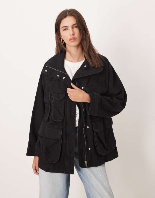 Mango cotton longline pocket detail jacket in black