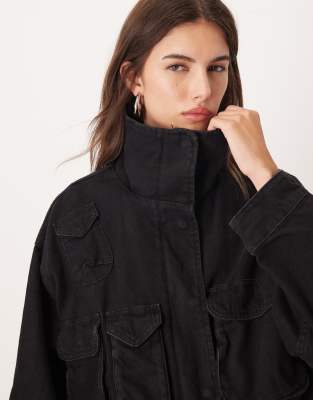 Mango Cotton Longline Pocket Detail Jacket In Black