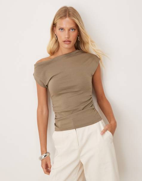 Mango cotton mix asymmetric top in khaki - view 1