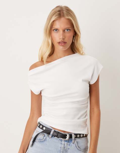 Mango cotton mix asymmetric top in white - view 1
