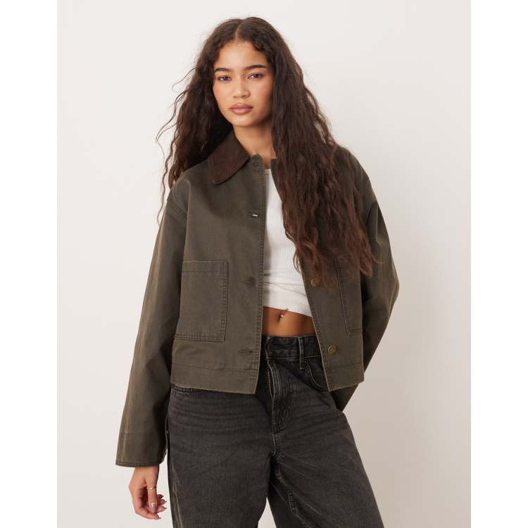 Mango cotton mix barn jacket in khaki green | ASOS