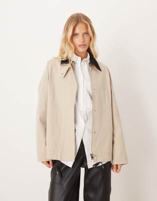 Mango Cotton Mix Barn Jacket With Contrast Collar In Neutral