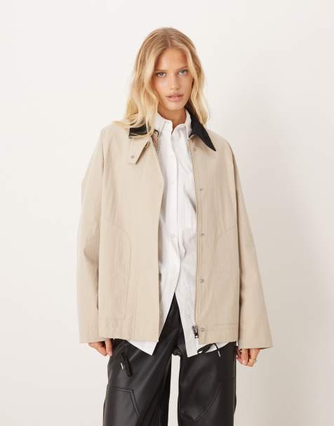 Mango cotton mix barn jacket with contrast collar in beige - view 1