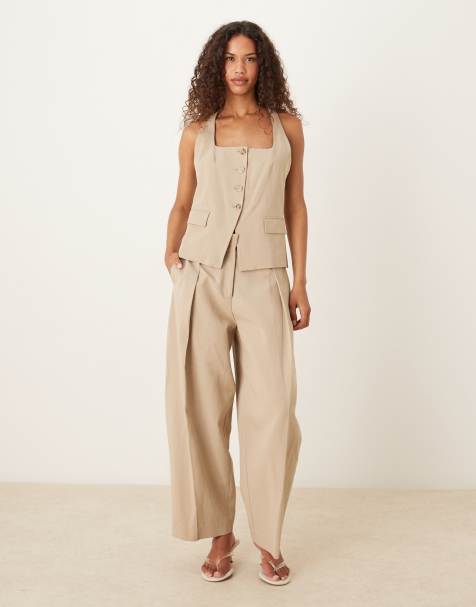 Mango cotton mix co-ord barrel leg trouser in beige