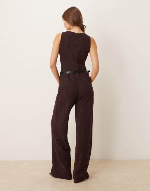 Mango cotton mix belted sleeveless jumpsuit in dark red