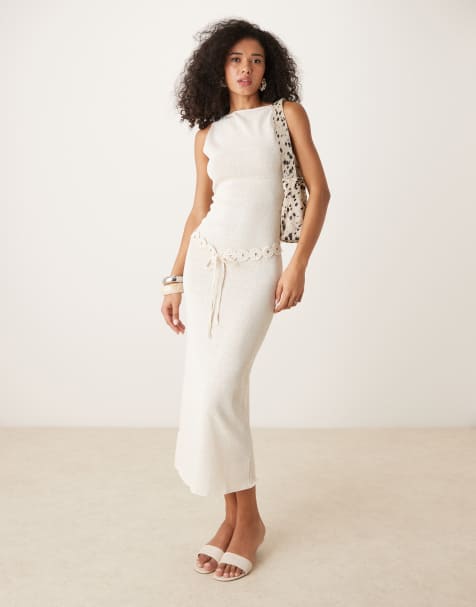 Mango cotton mix boat neck midi dress in cream - view 1