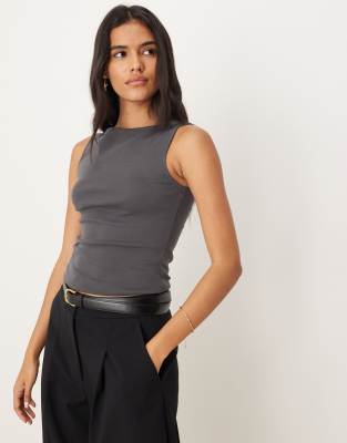 Mango Cotton Mix Boat Neck Sleeveless Top In Gray
