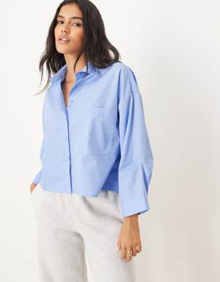 Mango Cotton Mix Boxy Shirt In Blue