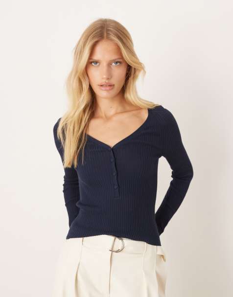 Mango cotton mix button down v-neck light knit top in navy - view 1
