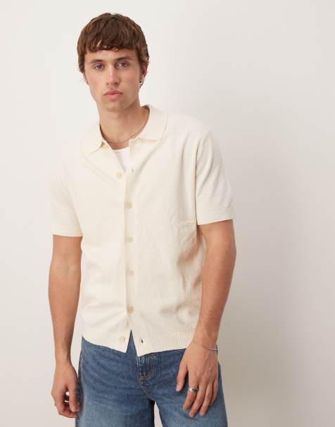 Mango cotton mix button through towelling shirt in white