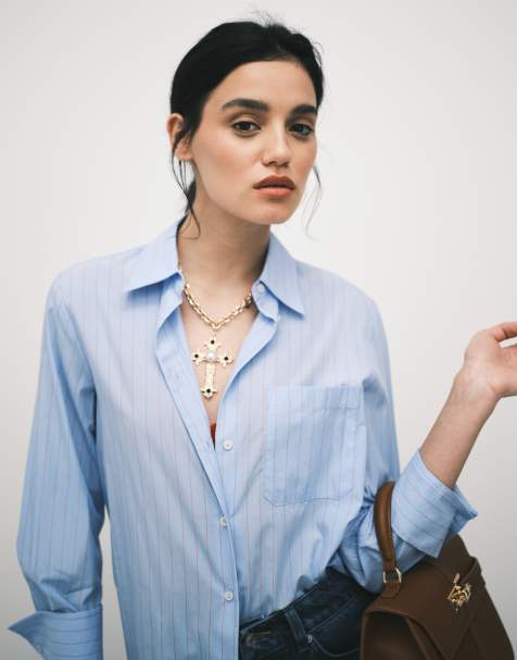 Mango cotton mix classic shirt in blue and brown stripe - view 1