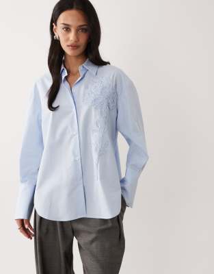 Mango Cotton Mix Classic Shirt With Embroidery In Blue