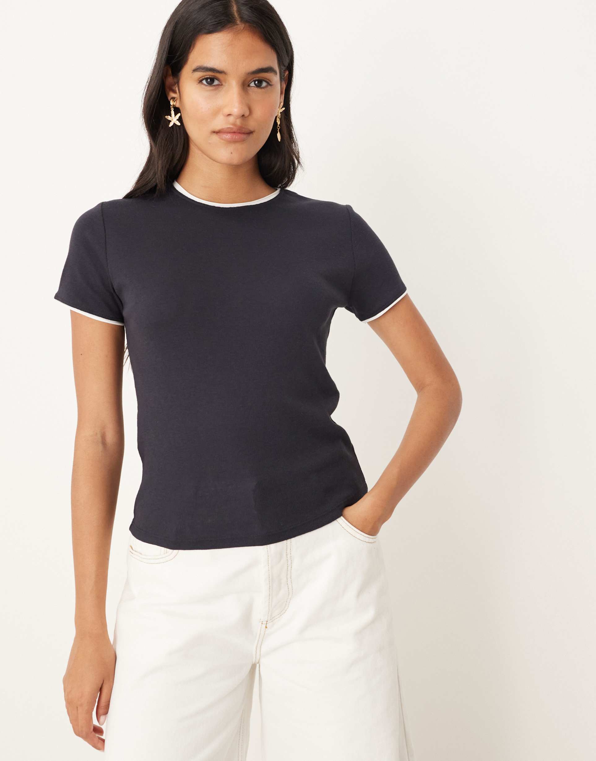mango cotton mix contrast trim t-shirt in navy