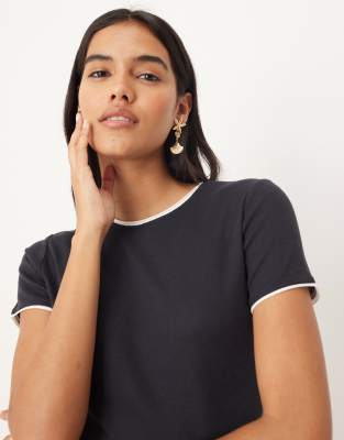 Mango Cotton Mix Contrast Trim T-shirt In Blue
