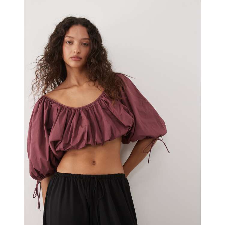 Mango cotton mix cropped balloon sleeve top in pink | ASOS